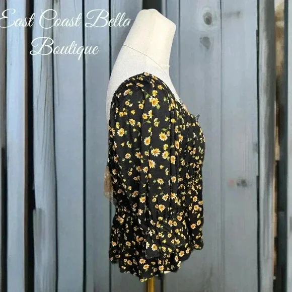 NWT Mason & Belle Cropped Blouse Short Sleeve Off Shoulder Black Floral Top XL - Picture 5 of 12